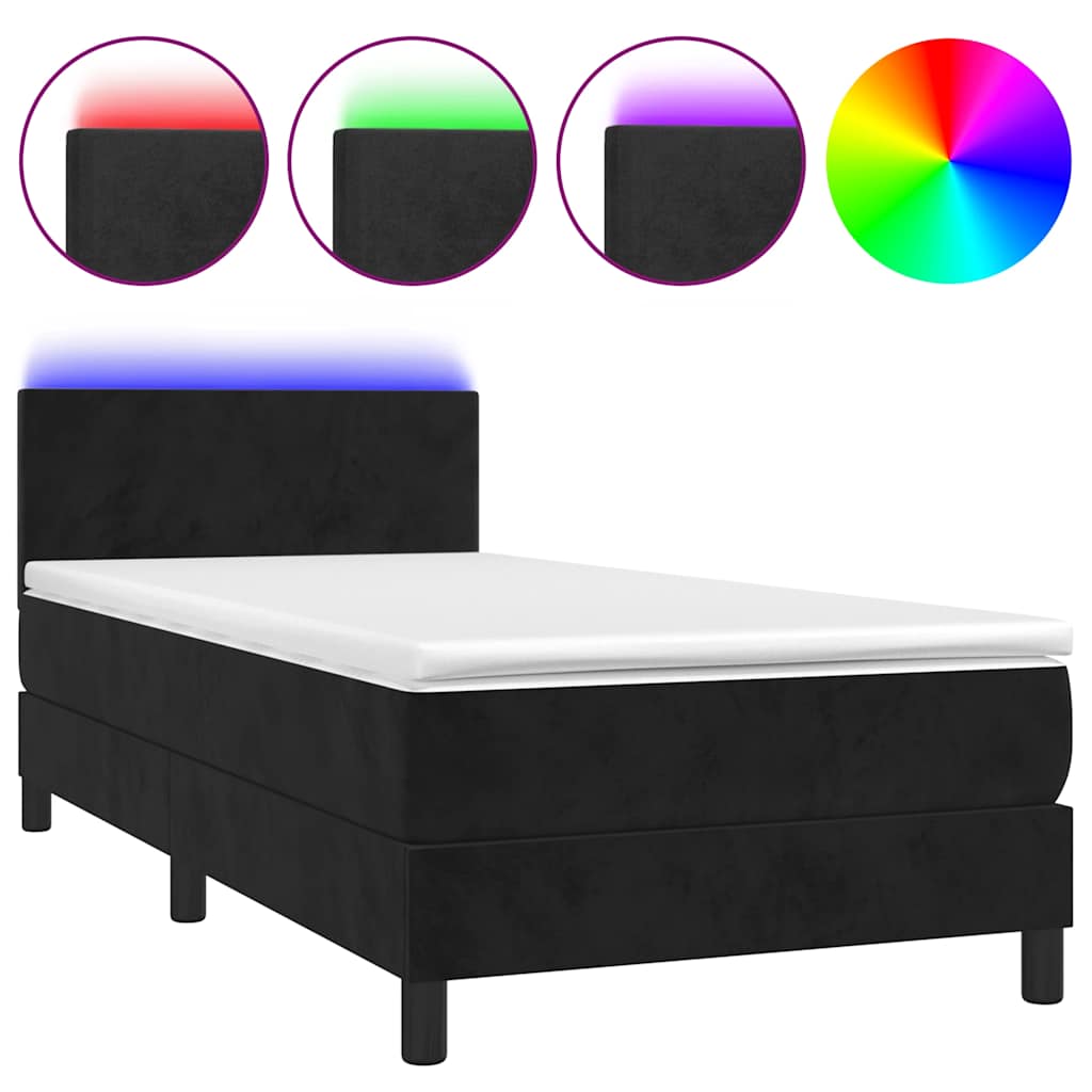 Box Spring Bed with Mattress&amp;LED Black 106x203 cm King Single Size Velvet