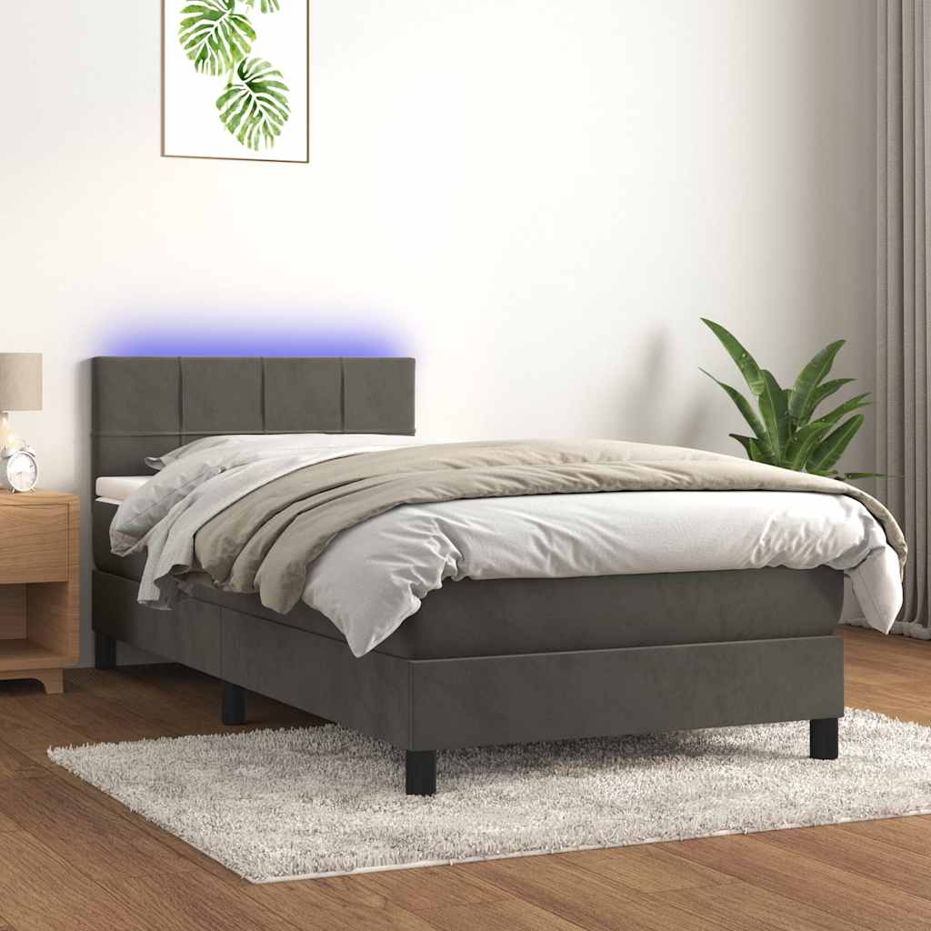 Box Spring Bed with Mattress&LED Dark Grey 106x203 cm King Single Size Velvet