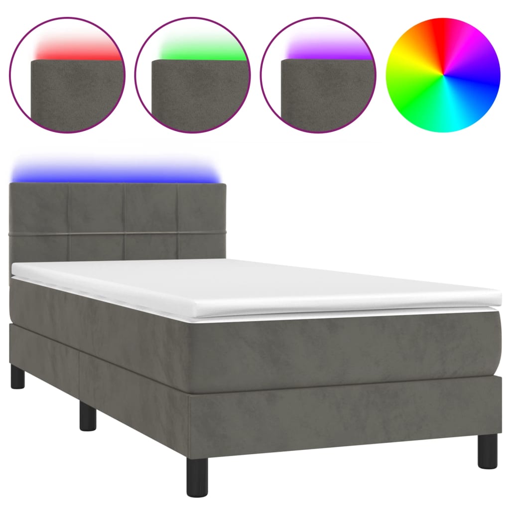 Box Spring Bed with Mattress&amp;LED Dark Grey 106x203 cm King Single Size Velvet