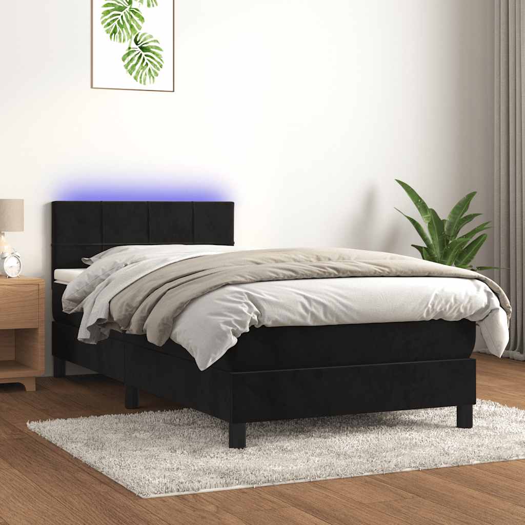 Box Spring Bed with Mattress&LED Black 107x203 cm King Single Size Velvet