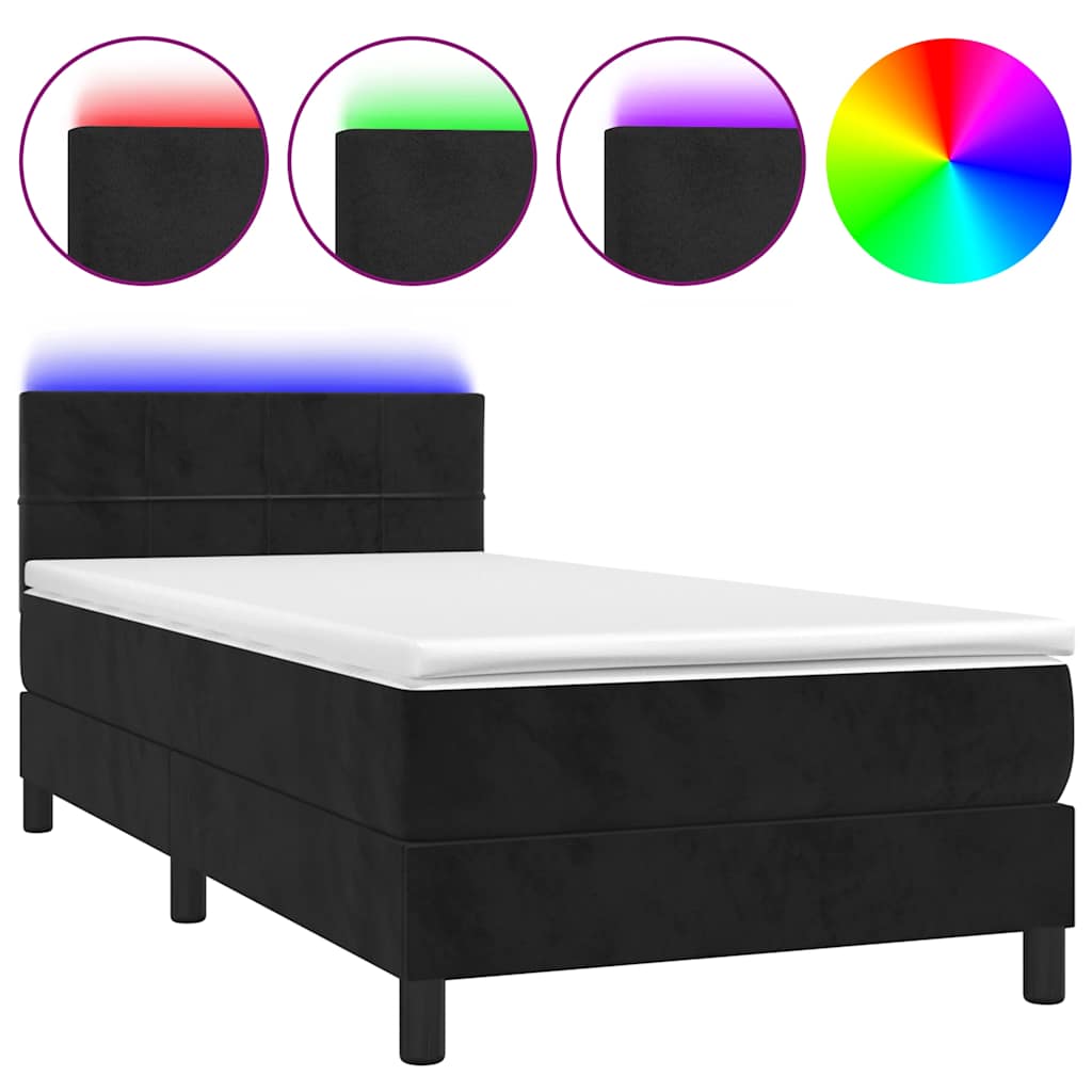 Box Spring Bed with Mattress&amp;LED Black 107x203 cm King Single Size Velvet