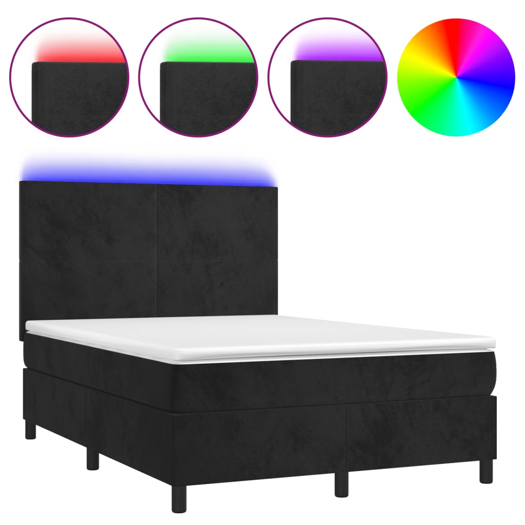Box Spring Bed with Mattress&amp;LED Black 137x187 cm Double Size Velvet