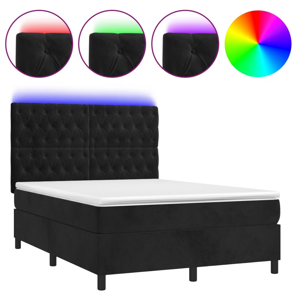 Box Spring Bed with Mattress&amp;LED Black 137x187 cm Double Size Velvet