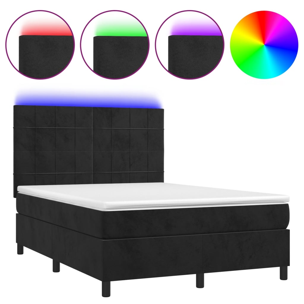 Box Spring Bed with Mattress&amp;LED Black 153x203 cm Queen Size Velvet