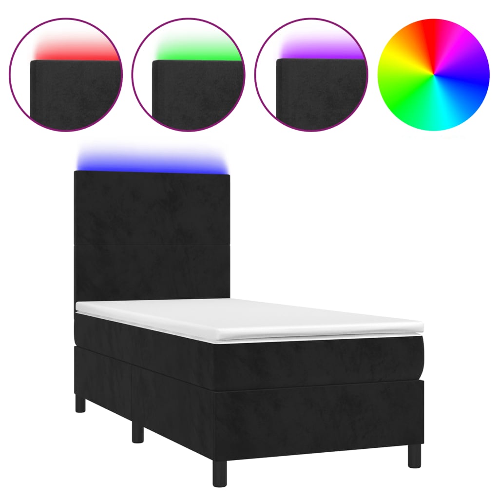 Box Spring Bed with Mattress&amp;LED Black 106x203 cm King Single Size Velvet
