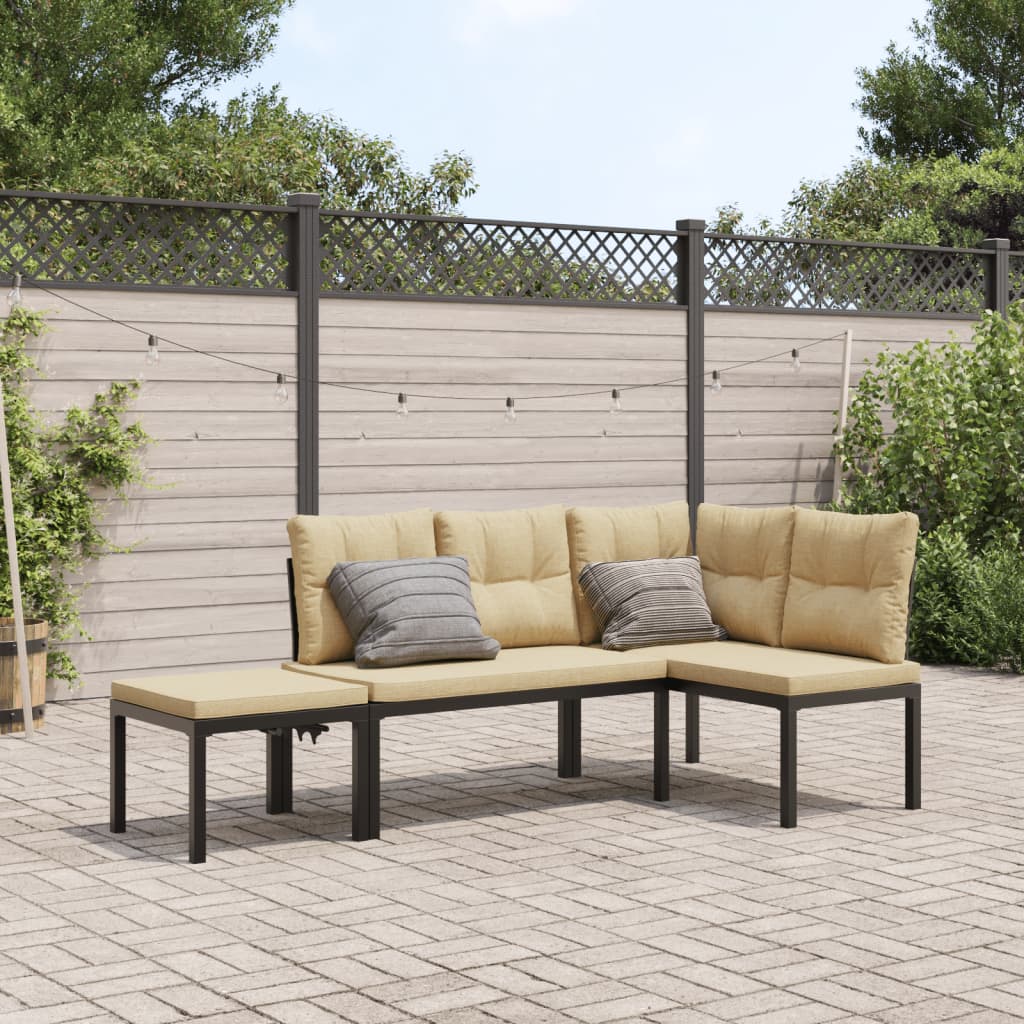 Garden Bench Set with Cushions 3 pcs Black Powder-coated Steel