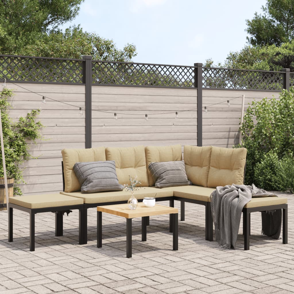 5 Piece Garden Sofa Set with Cushions Black Powder-coated Steel