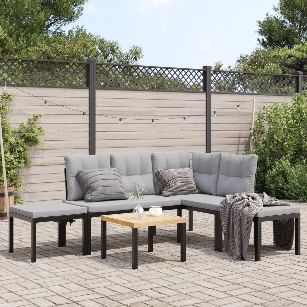 5 Piece Garden Sofa Set with Cushions Black Powder-coated Steel