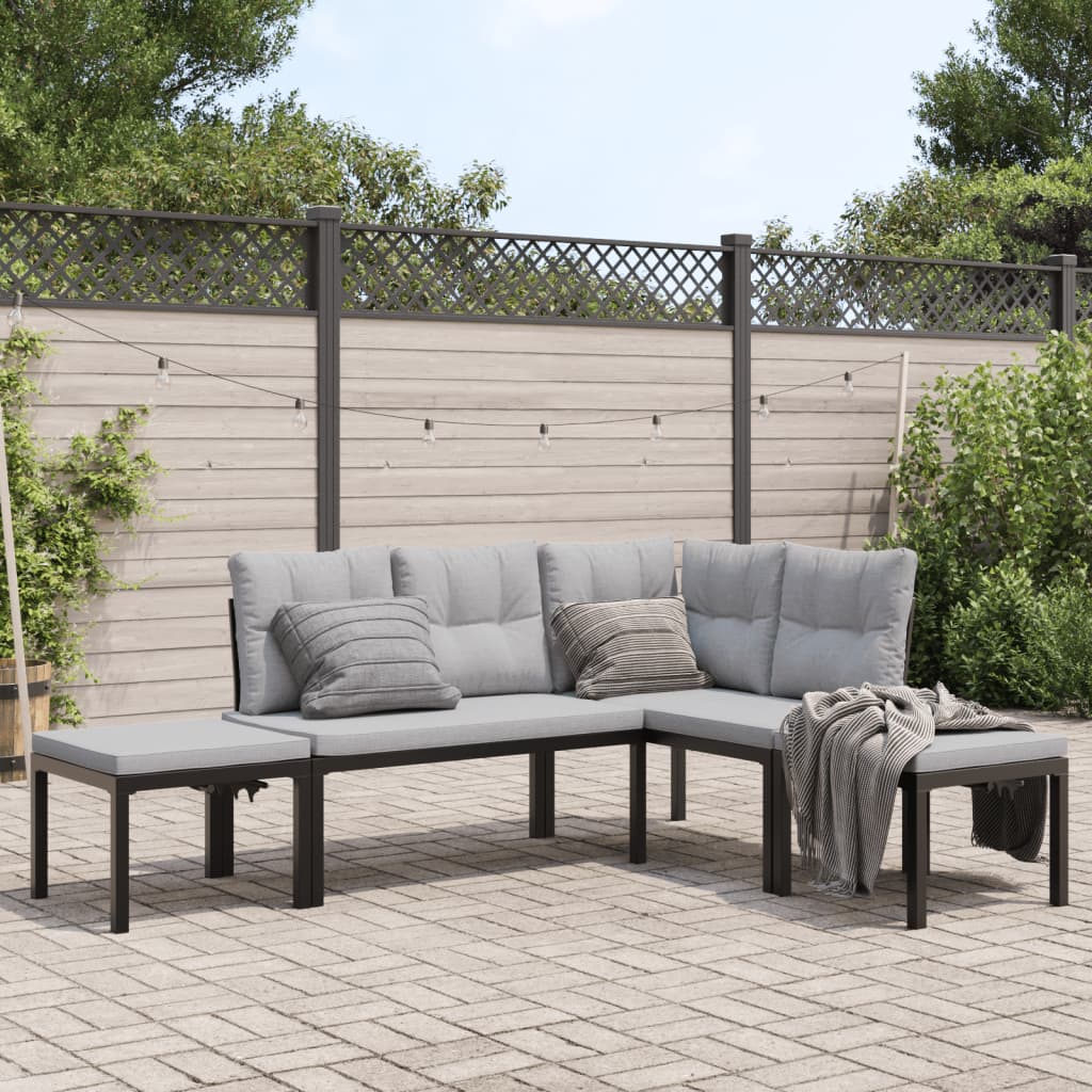 4 Piece Garden Sofa Set with Cushions Black Powder-coated Steel