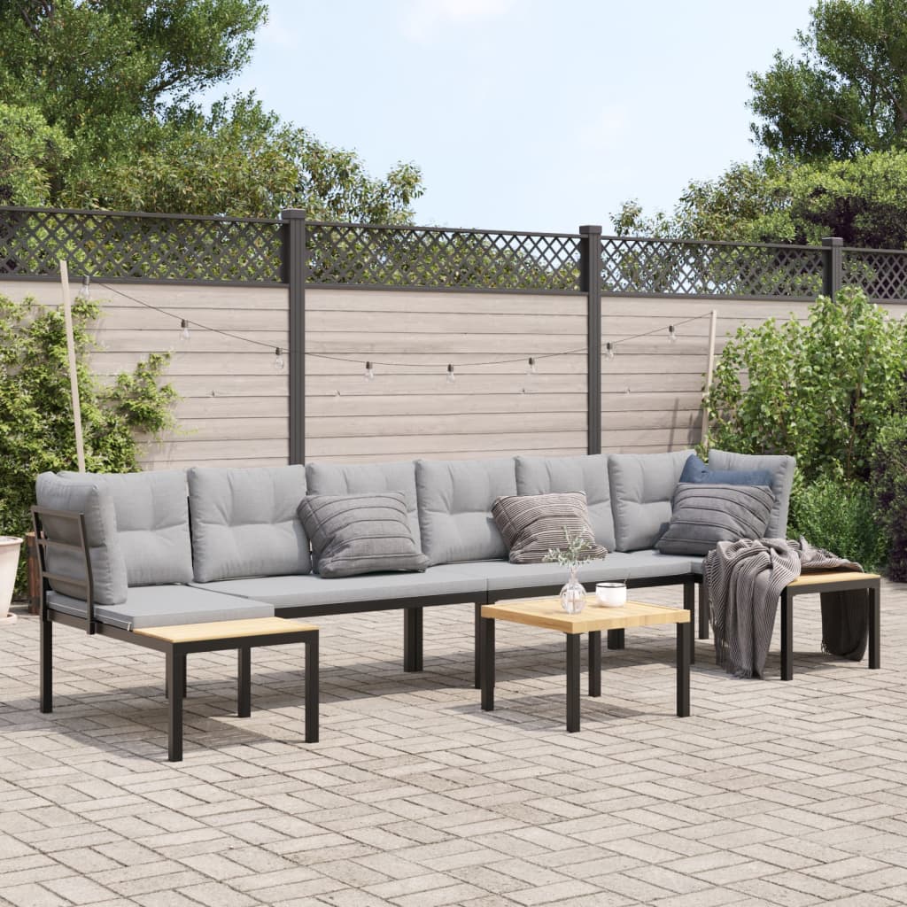 5 Piece Garden Sofa Set with Cushions Black Powder-coated Steel