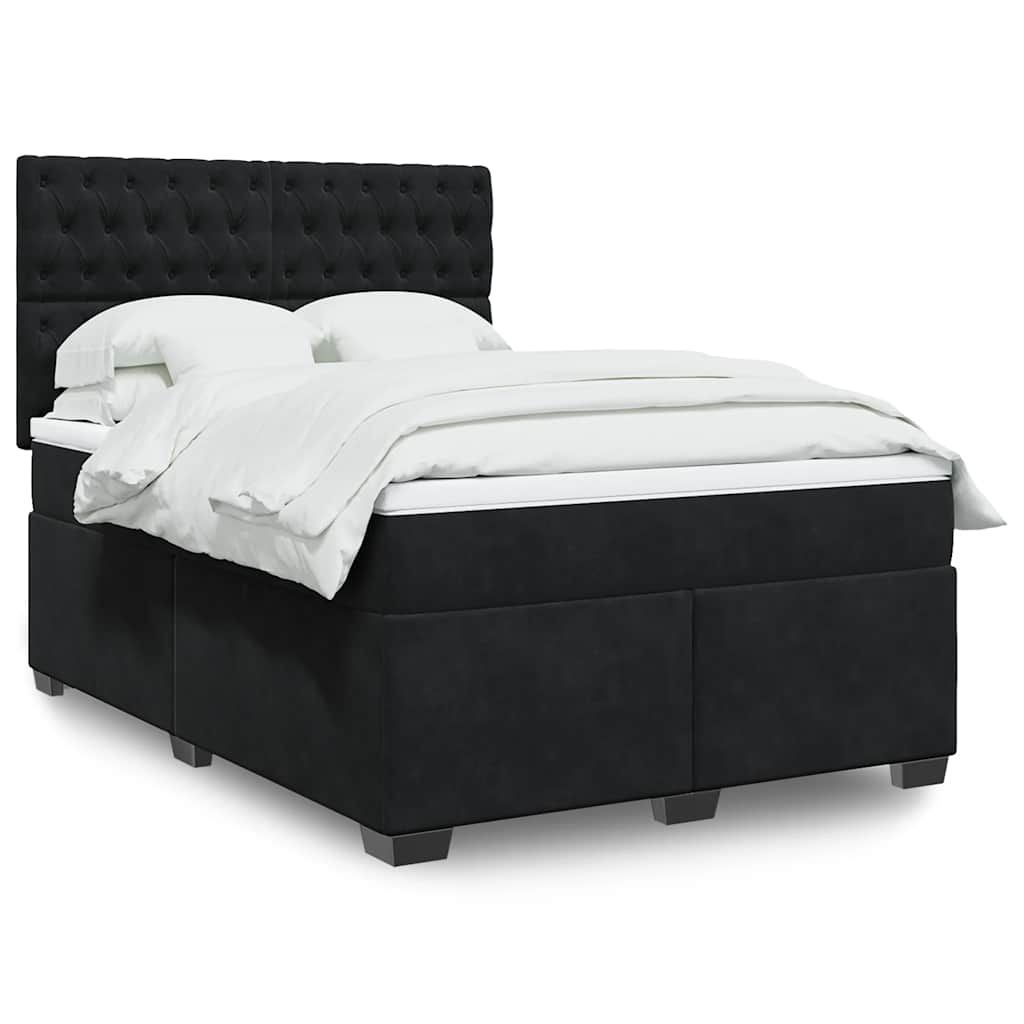 Box Spring Bed with Mattress Black Queen Velvet