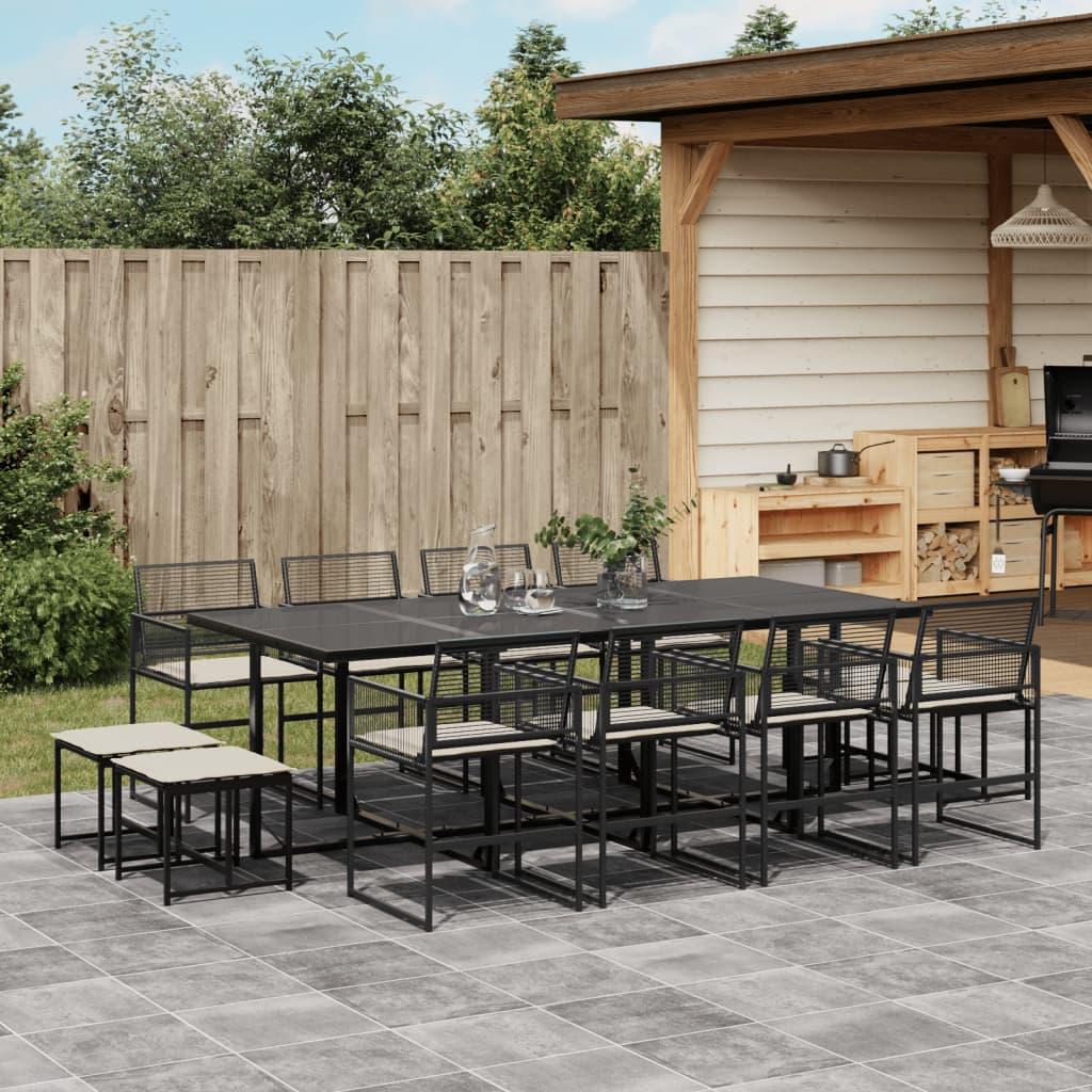 13 Piece Garden Dining Set with Cushions Black Poly Rattan