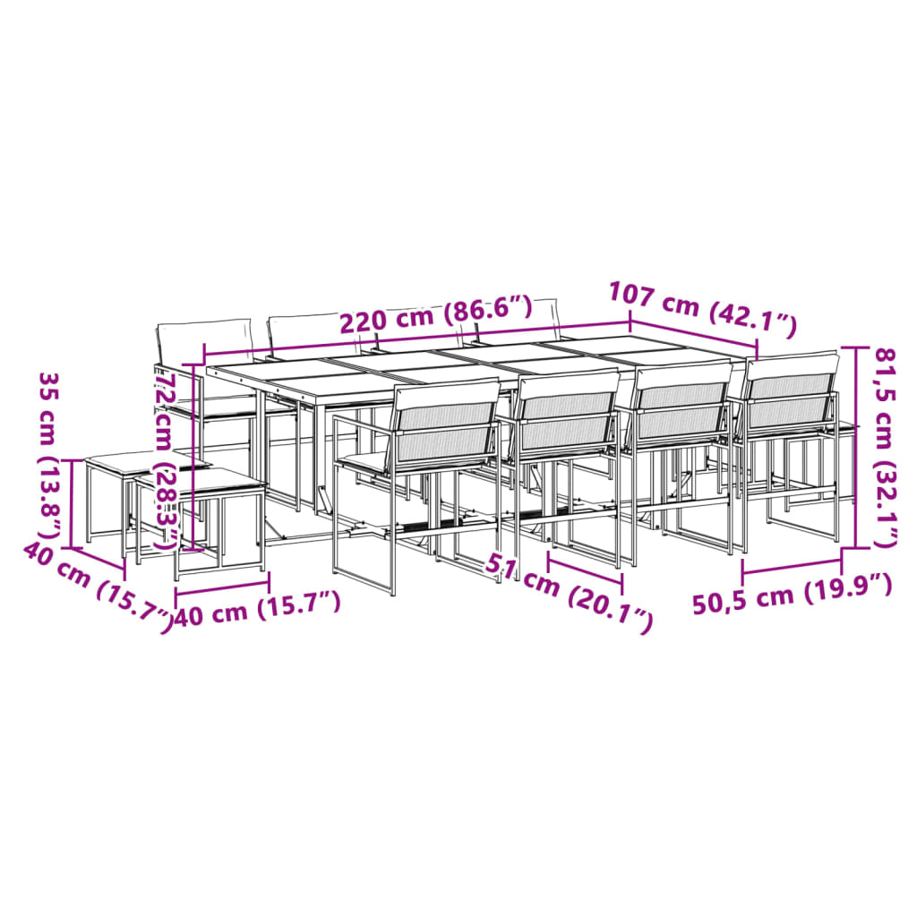 13 Piece Garden Dining Set with Cushions Black Textilene