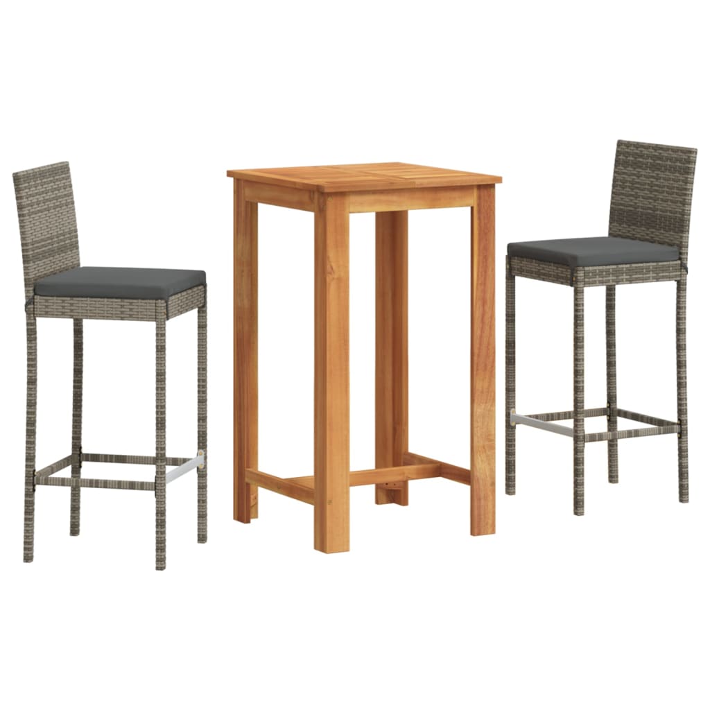 3 Piece Garden Bar Set Grey Solid Wood Acacia and Poly Rattan