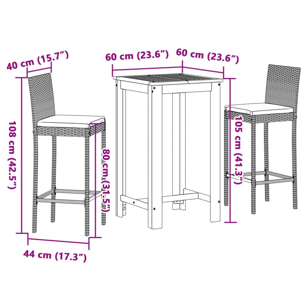 3 Piece Garden Bar Set Grey Solid Wood Acacia and Poly Rattan