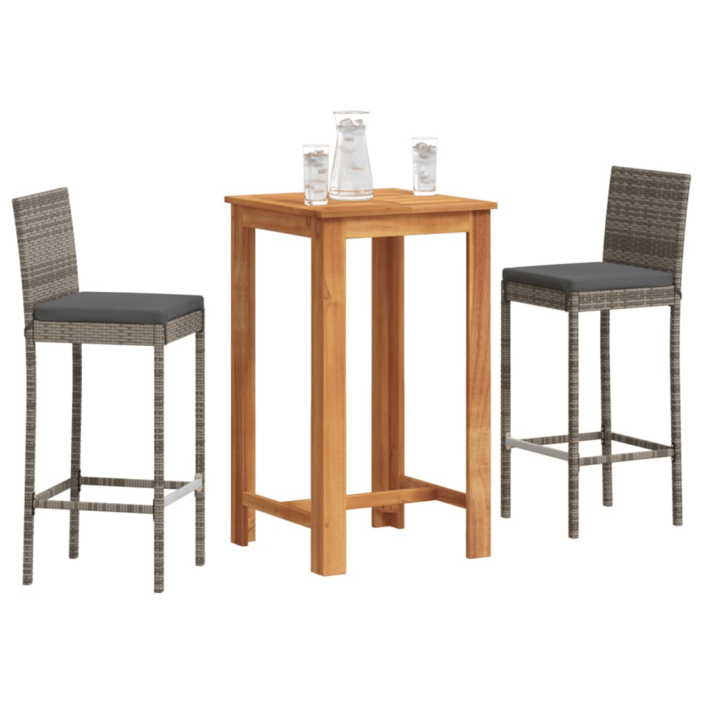 3 Piece Garden Bar Set Grey Solid Wood Acacia and Poly Rattan