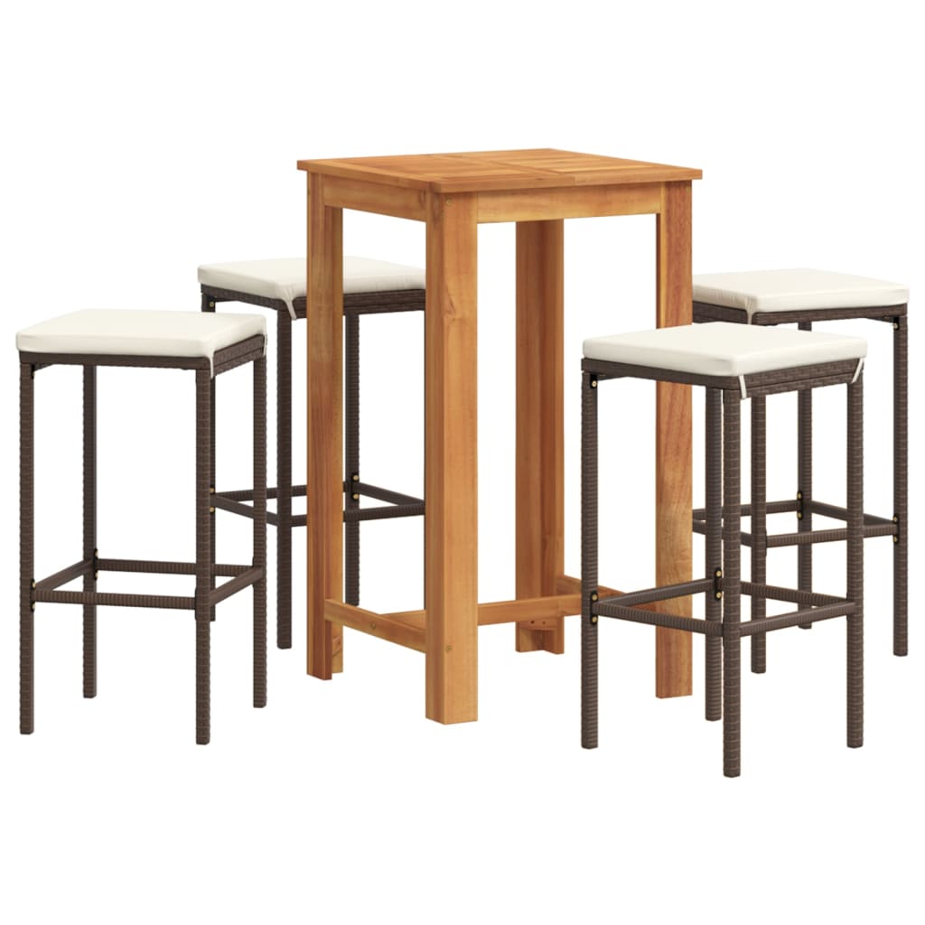 5 Piece Garden Bar Set Brown Solid Wood Acacia and Poly Rattan