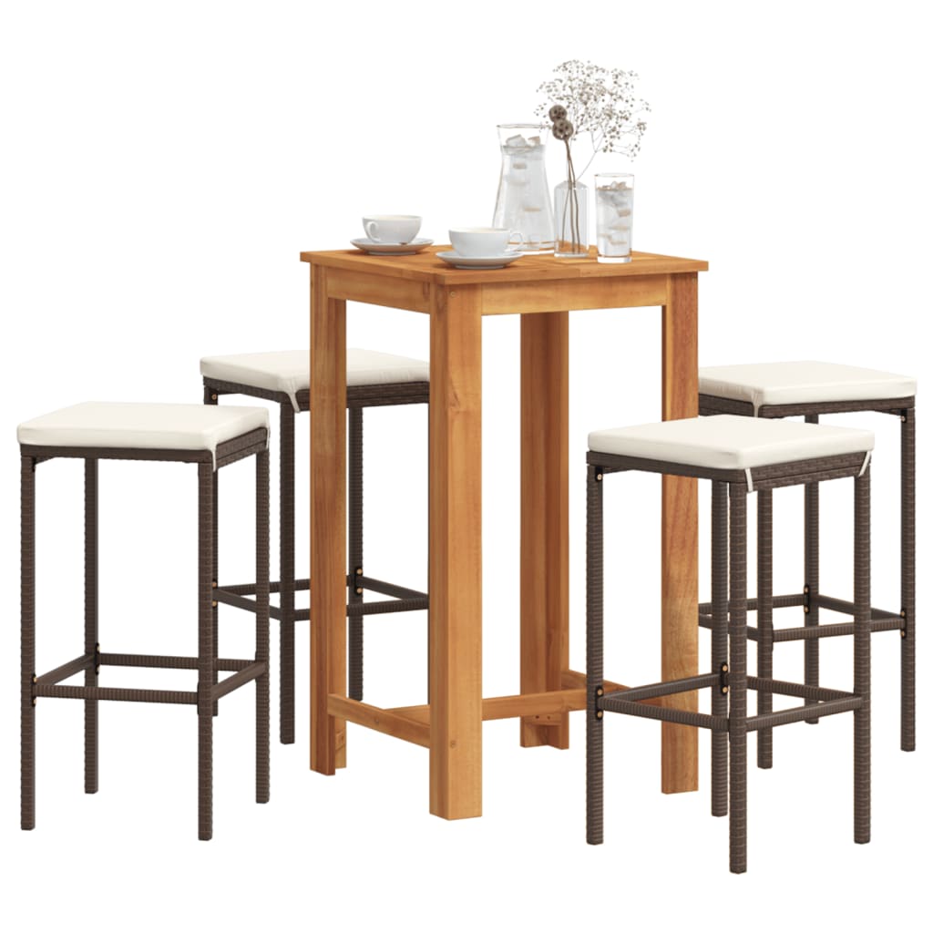 5 Piece Garden Bar Set Brown Solid Wood Acacia and Poly Rattan