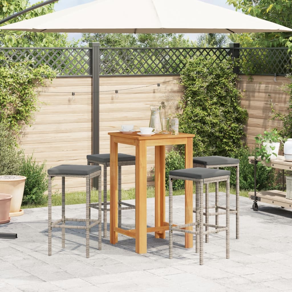 5 Piece Garden Bar Set Grey Solid Wood Acacia and Poly Rattan