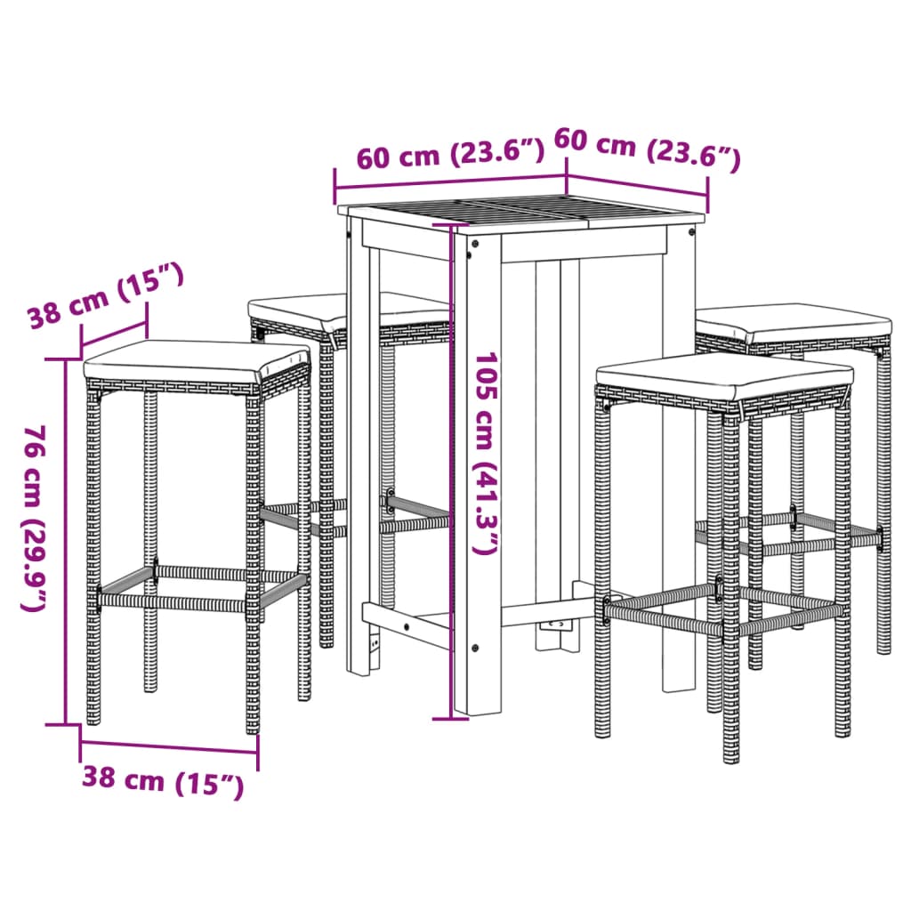 5 Piece Garden Bar Set Grey Solid Wood Acacia and Poly Rattan