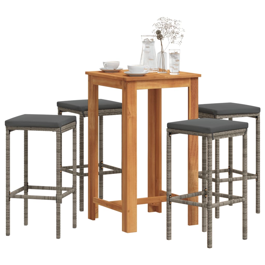 5 Piece Garden Bar Set Grey Solid Wood Acacia and Poly Rattan