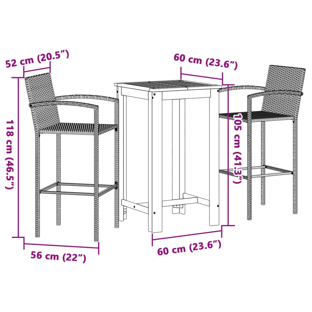 3 Piece Garden Bar Set Black Solid Wood Acacia and Poly Rattan