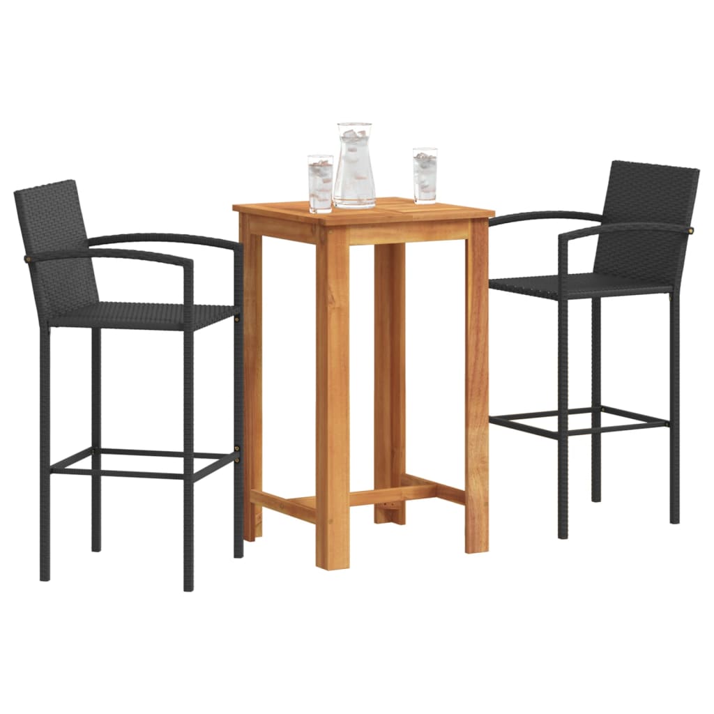 3 Piece Garden Bar Set Black Solid Wood Acacia and Poly Rattan