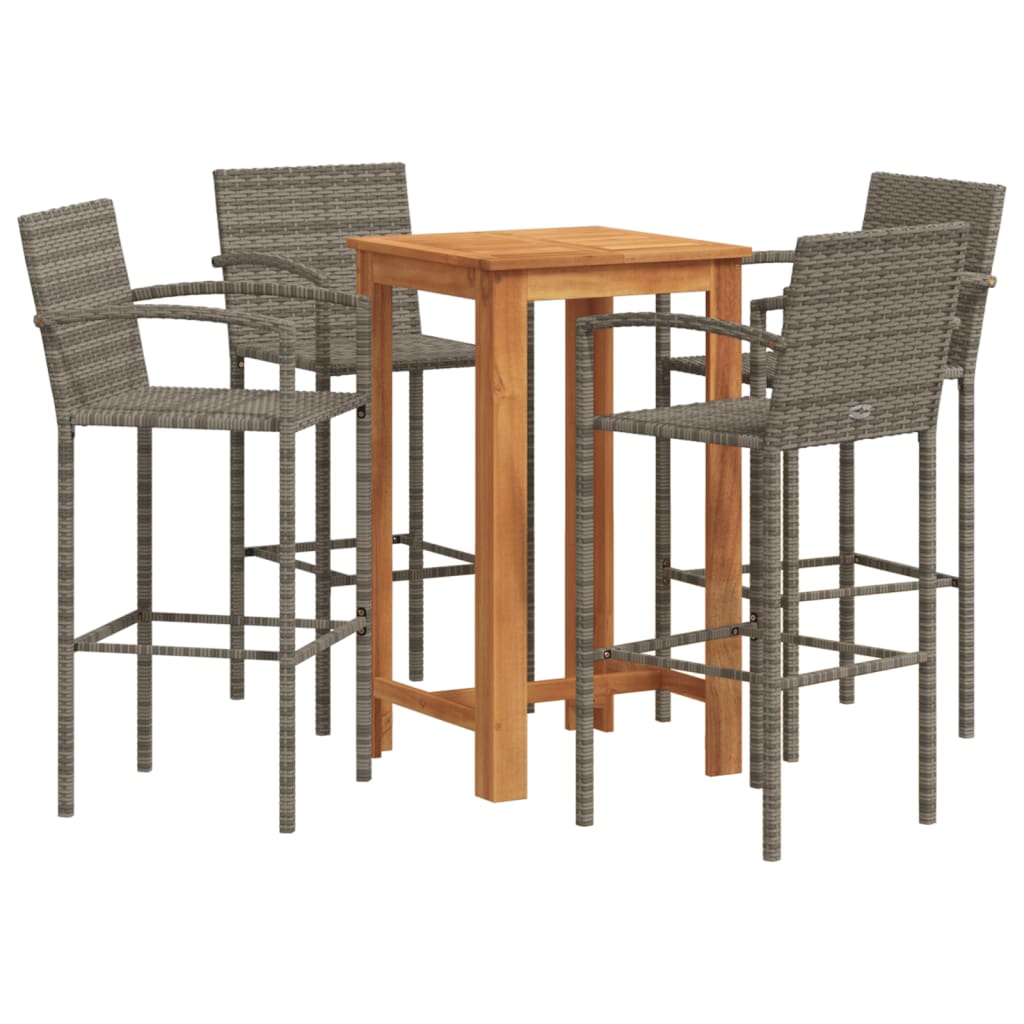 5 Piece Garden Bar Set Grey Solid Wood Acacia and Poly Rattan