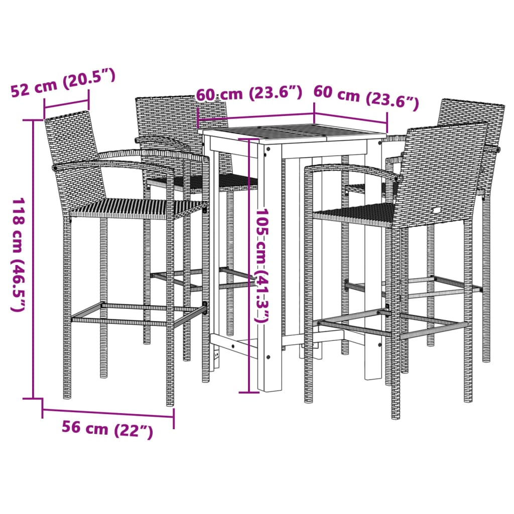 5 Piece Garden Bar Set Grey Solid Wood Acacia and Poly Rattan