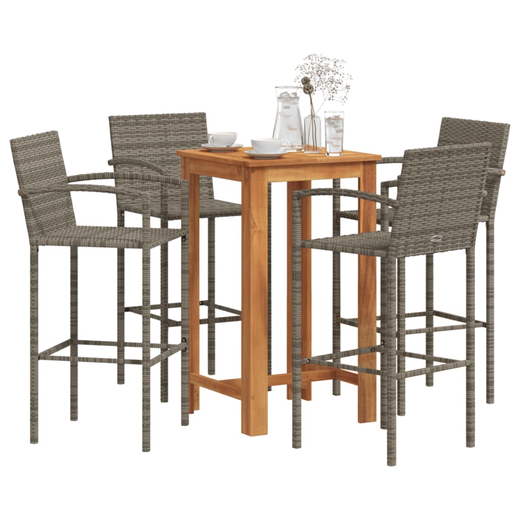 5 Piece Garden Bar Set Grey Solid Wood Acacia and Poly Rattan