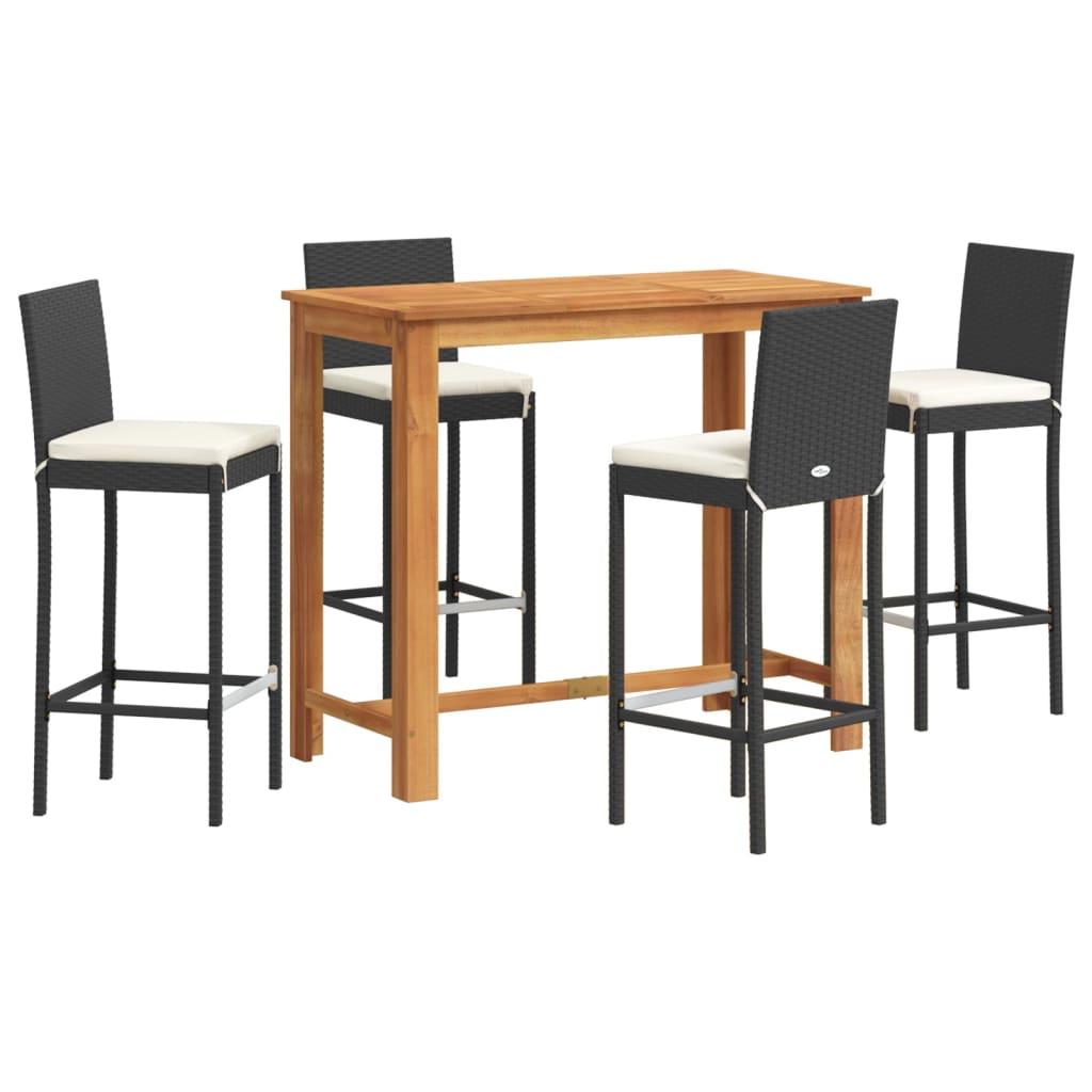 5 Piece Garden Bar Set Black Solid Wood Acacia and Poly Rattan
