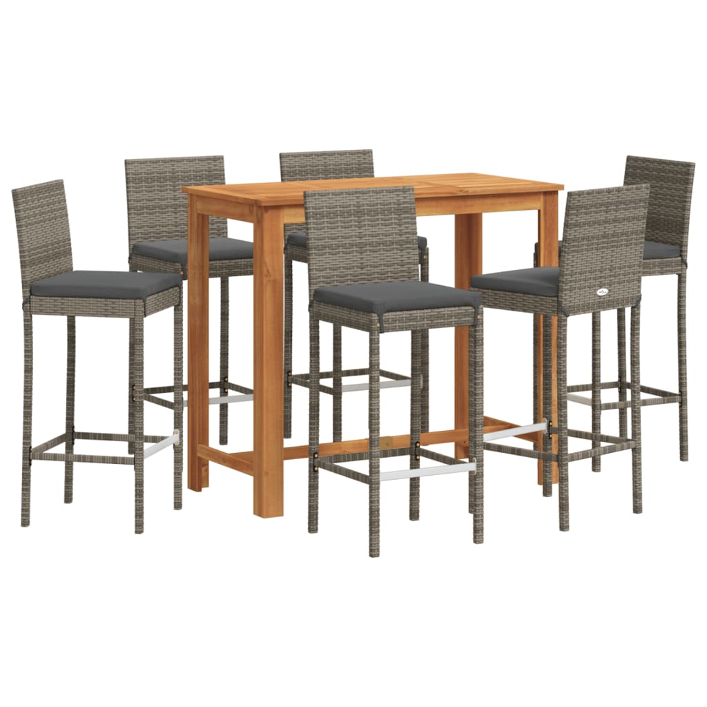 7 Piece Garden Bar Set Grey Solid Wood Acacia and Poly Rattan