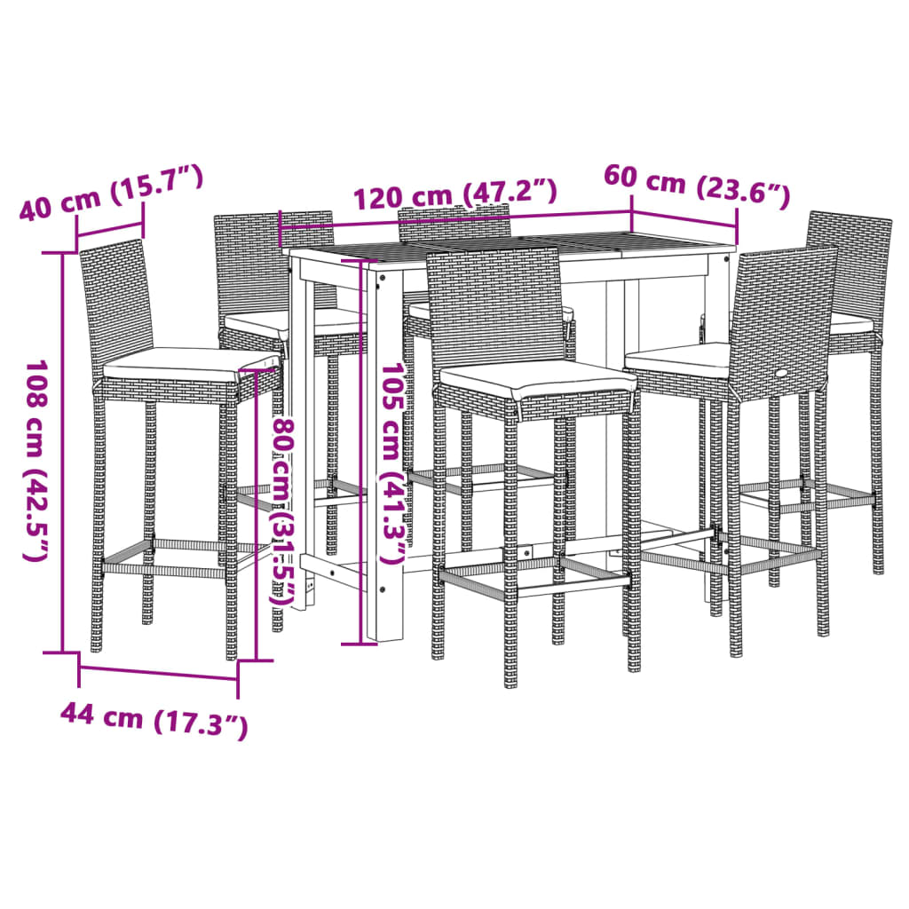 7 Piece Garden Bar Set Grey Solid Wood Acacia and Poly Rattan