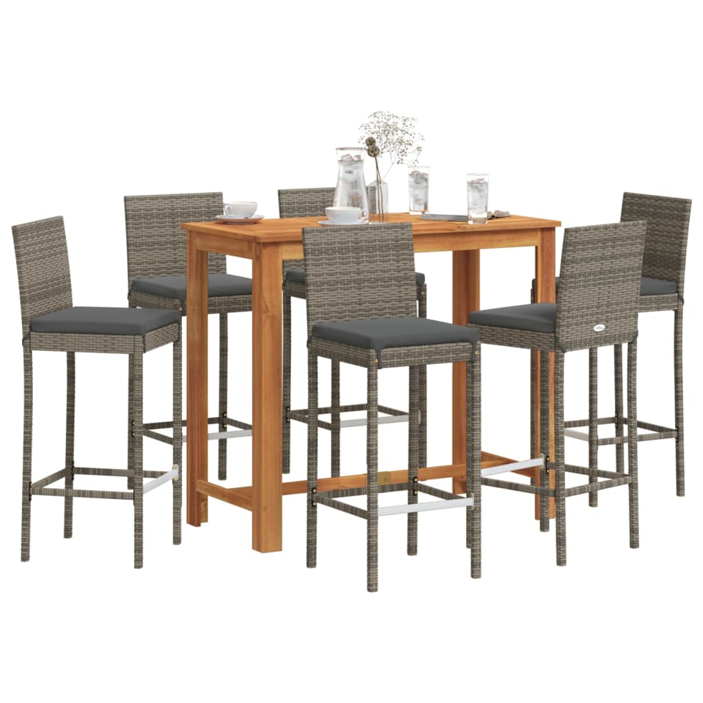 7 Piece Garden Bar Set Grey Solid Wood Acacia and Poly Rattan