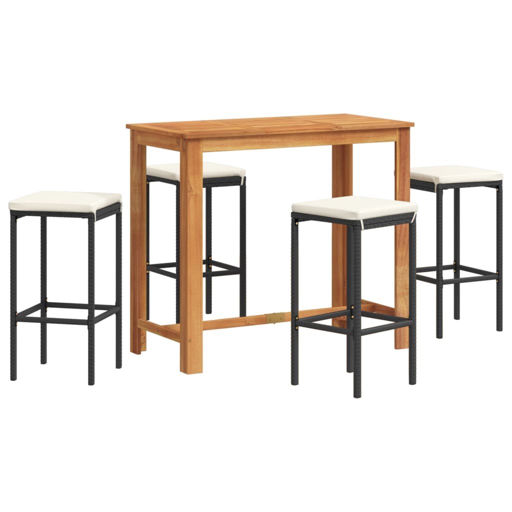 5 Piece Garden Bar Set Black Solid Wood Acacia and Poly Rattan