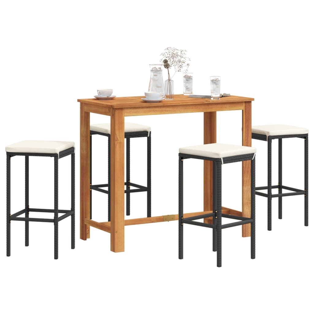 5 Piece Garden Bar Set Black Solid Wood Acacia and Poly Rattan