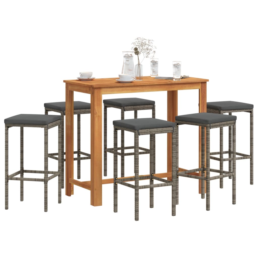 7 Piece Garden Bar Set Grey Solid Wood Acacia and Poly Rattan