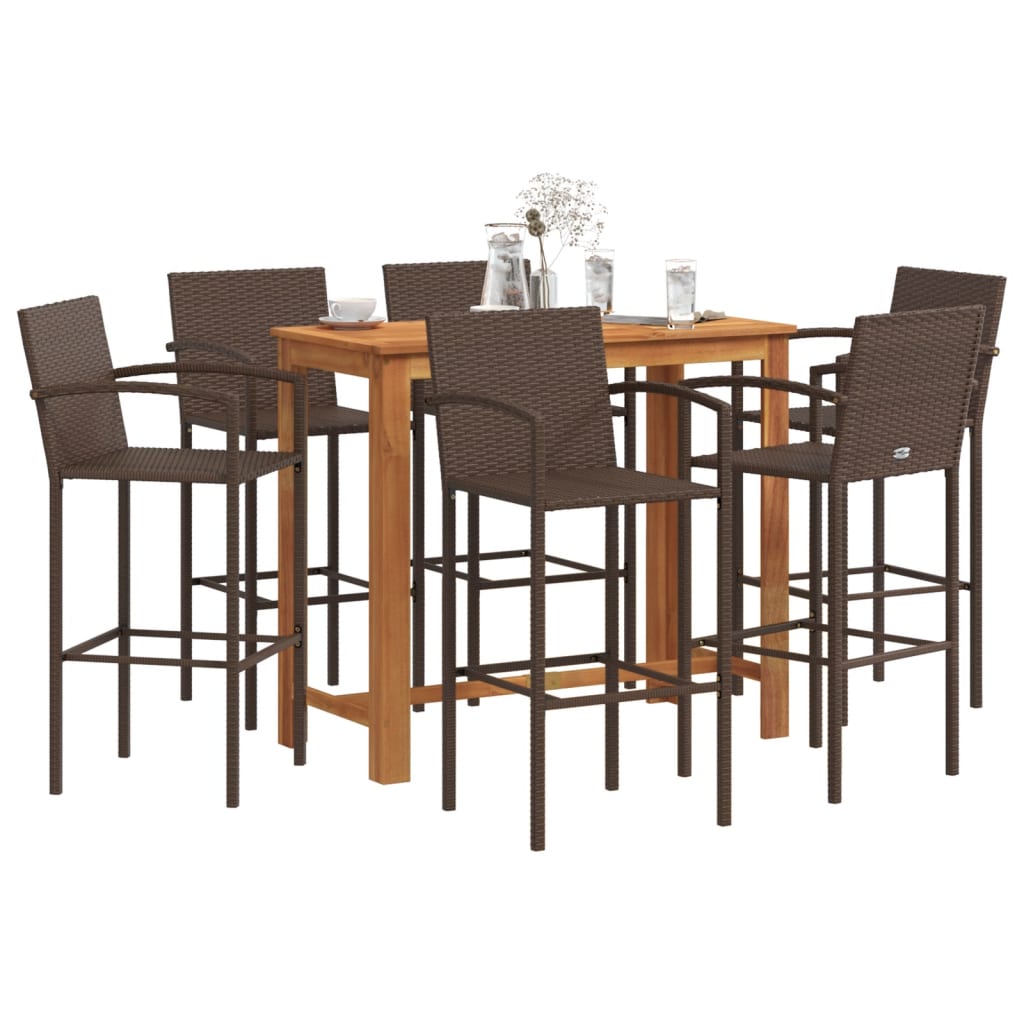 7 Piece Garden Bar Set Brown Solid Wood Acacia and Poly Rattan