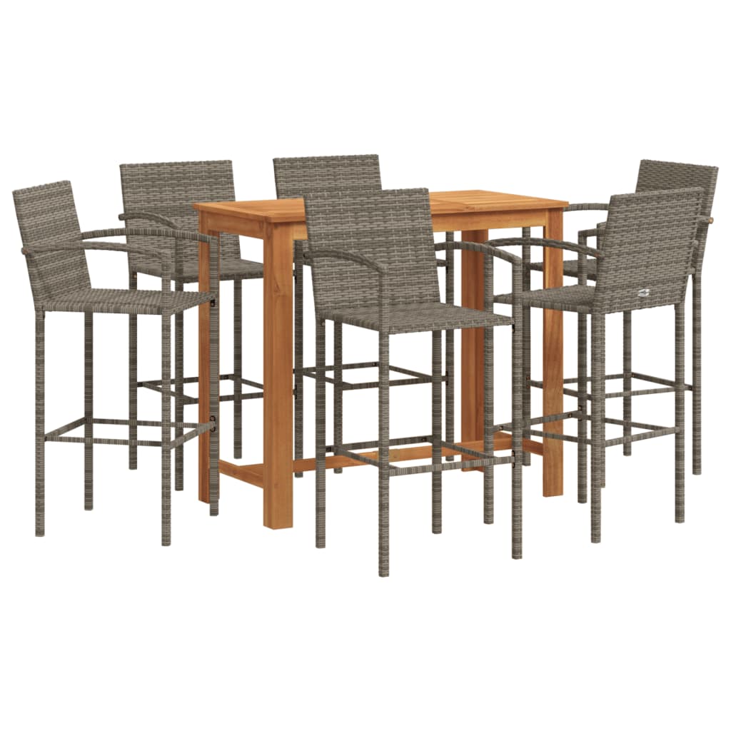 7 Piece Garden Bar Set Grey Solid Wood Acacia and Poly Rattan