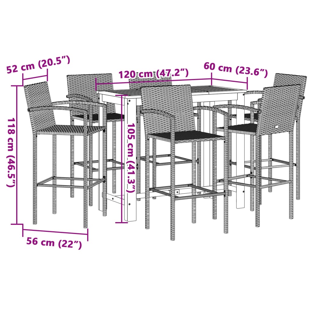 7 Piece Garden Bar Set Grey Solid Wood Acacia and Poly Rattan