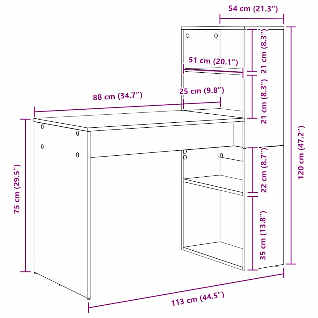 Desk with Shelf White 113 x 54 x 120 cm Engineered Wood