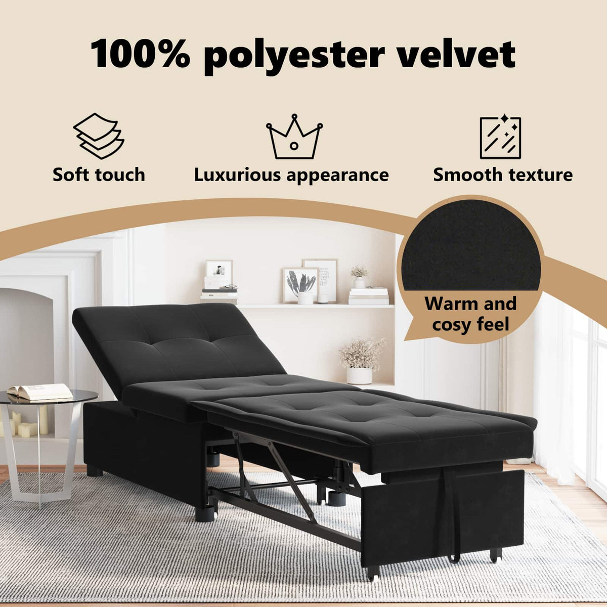 Sofa Bed Black 194 x 67 x 82 cm Velvet