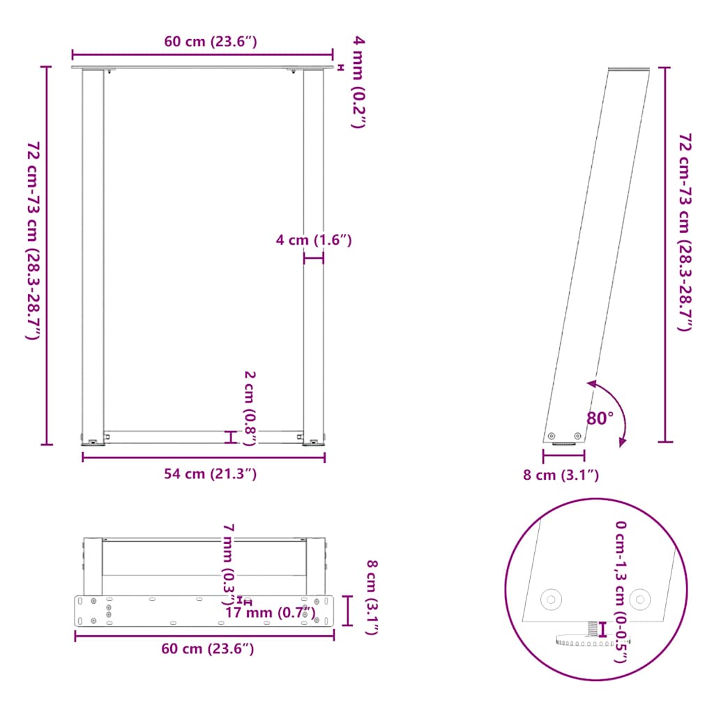 vidXL Dining Table Legs U-Shaped 2 pcs Black 60x(72-73) cm Steel