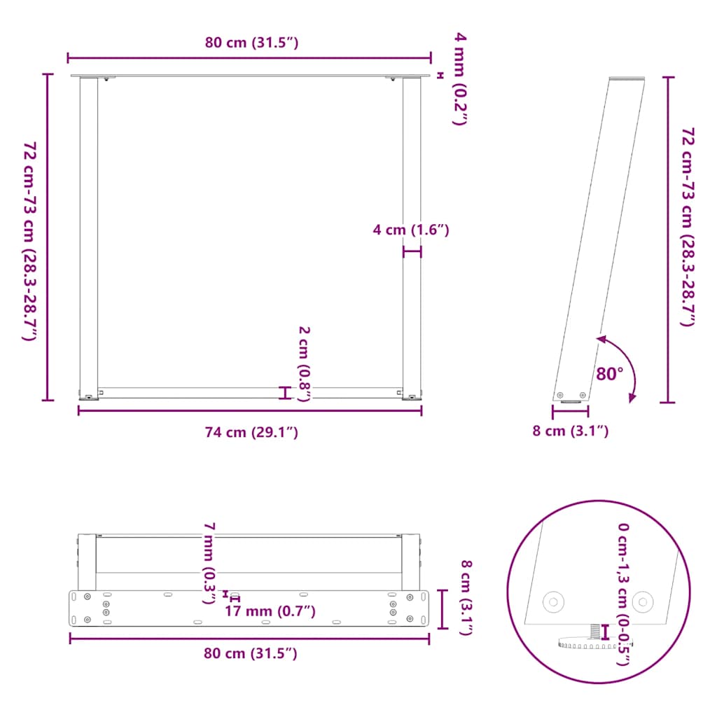 vidXL Dining Table Legs U-Shaped 2 pcs Black 80x(72-73) cm Steel