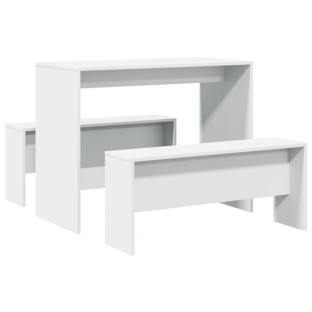 3 Piece Dining Table and Bench Set White Engineered Wood