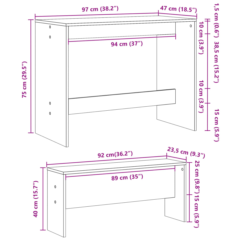 3 Piece Dining Table and Bench Set White Engineered Wood