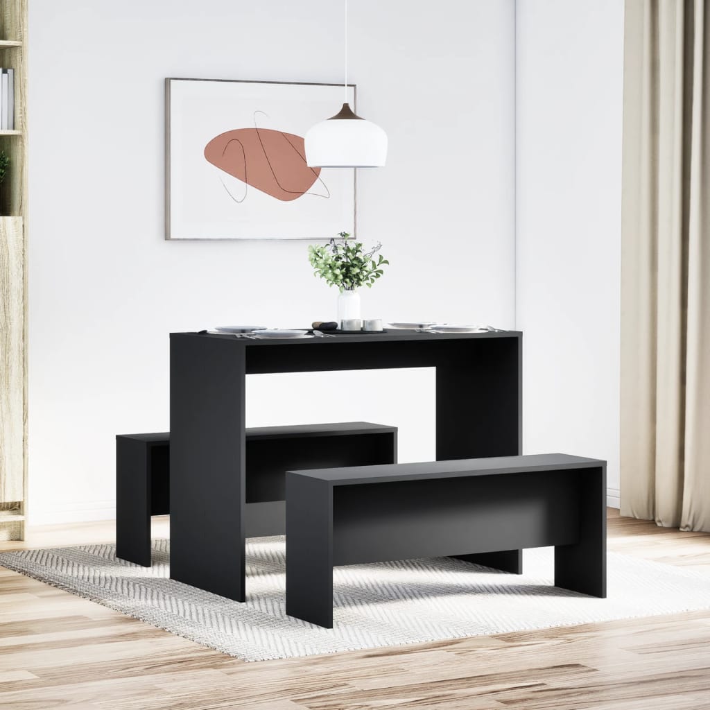 3 Piece Dining Table and Bench Set Black Engineered Wood