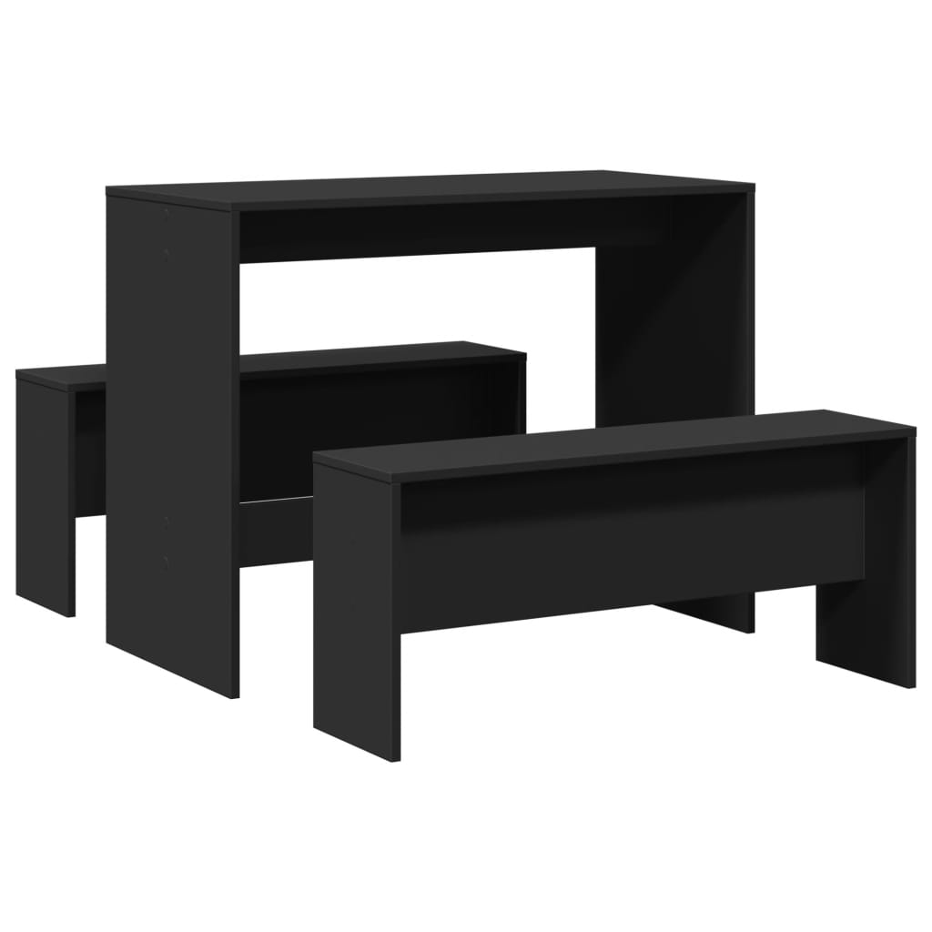 3 Piece Dining Table and Bench Set Black Engineered Wood