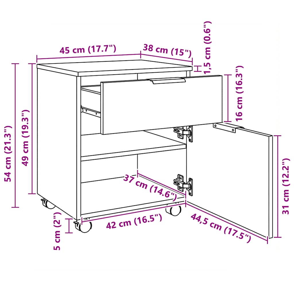 Mobile File Cabinet with Wheels Artisan Oak 45x38x54 cm Engineered Wood