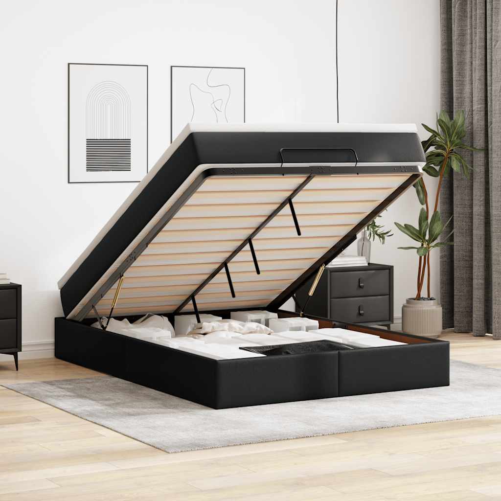 Ottoman Bed with Mattress Black Queen Faux Leather